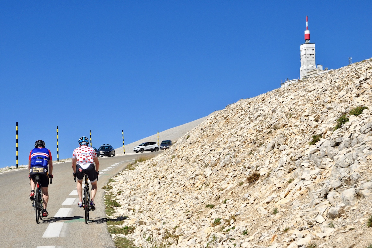 Brothers cycling up Mont Ventoux, France